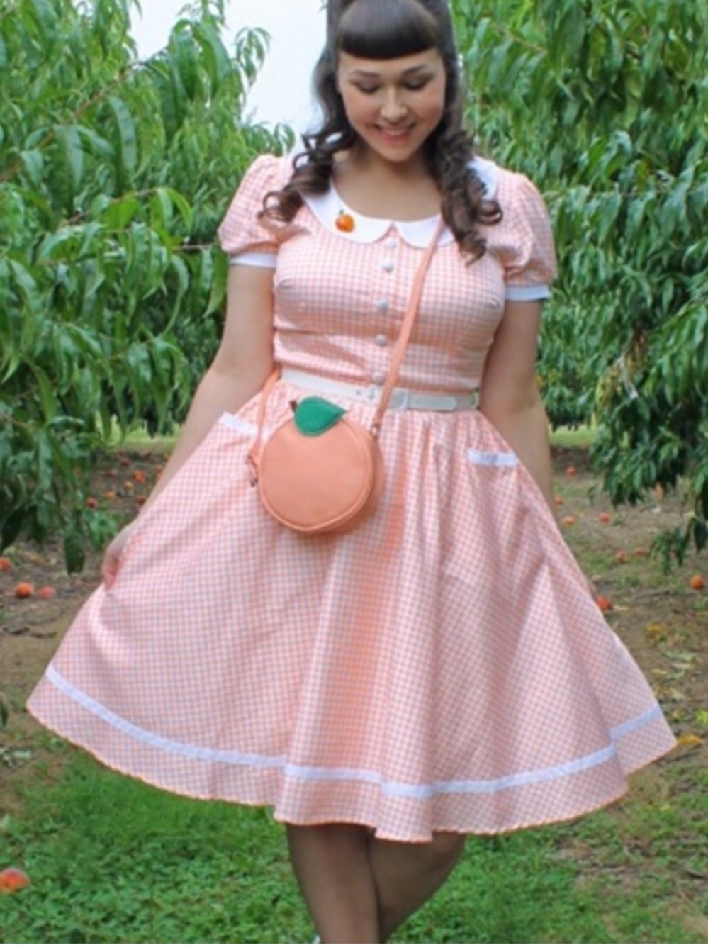 Pinup Couture Peach Orange Gingham Dee Dee Waitress Puff Sleeve Retro Dress XL - Picture 4 of 16